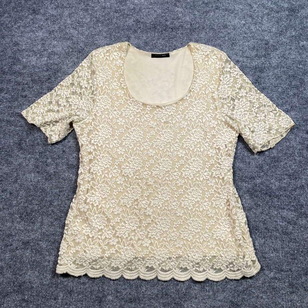 Jennie & Marlis Womens Cream Floral Lace Scoop Neck Scalloped Hem Top‎